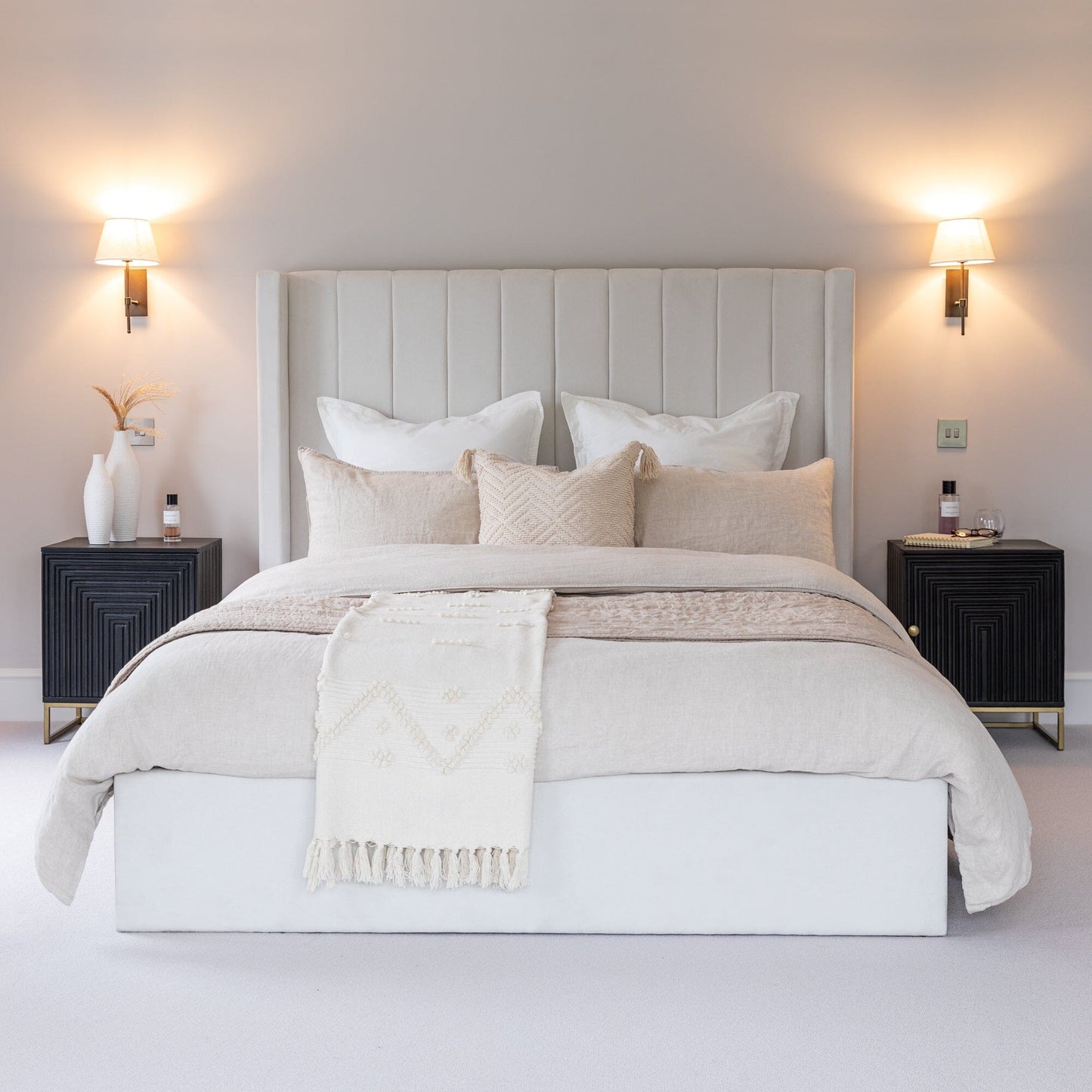 Elborough Off White Diamond Embroidered Tasseled Cushion Cover - 50x50cm