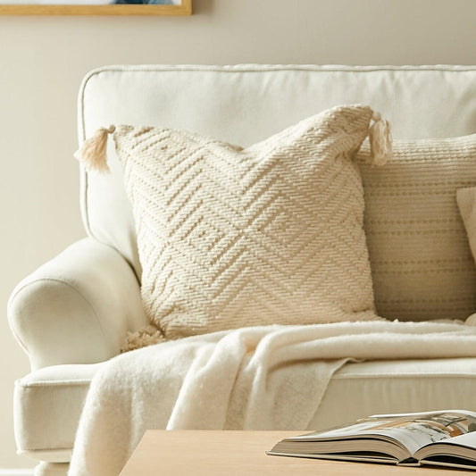 Elborough Off White Diamond Embroidered Tasseled Cushion Cover - 50x50cm