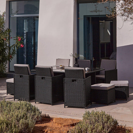 10 Seater Rattan Cube Outdoor Dining Set - Black Weave