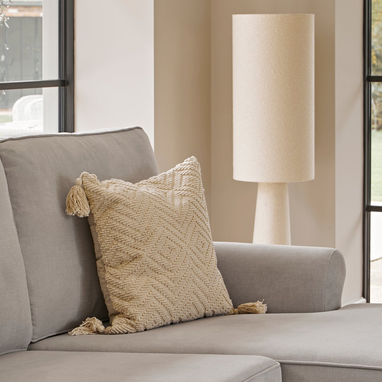 Elborough Off White Diamond Embroidered Tasseled Cushion Cover - 50x50cm