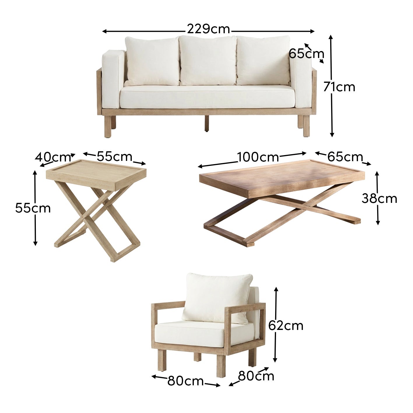 Akira 5 Seater Wooden Garden Set with Coffee and 2 Akira Side Tables