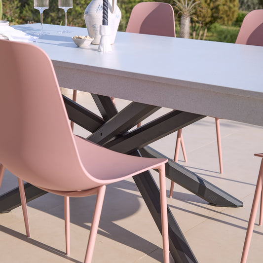 Amelia 6 Seater Pale Grey Concrete Garden Dining Set with Wren Dusty Pink Chairs