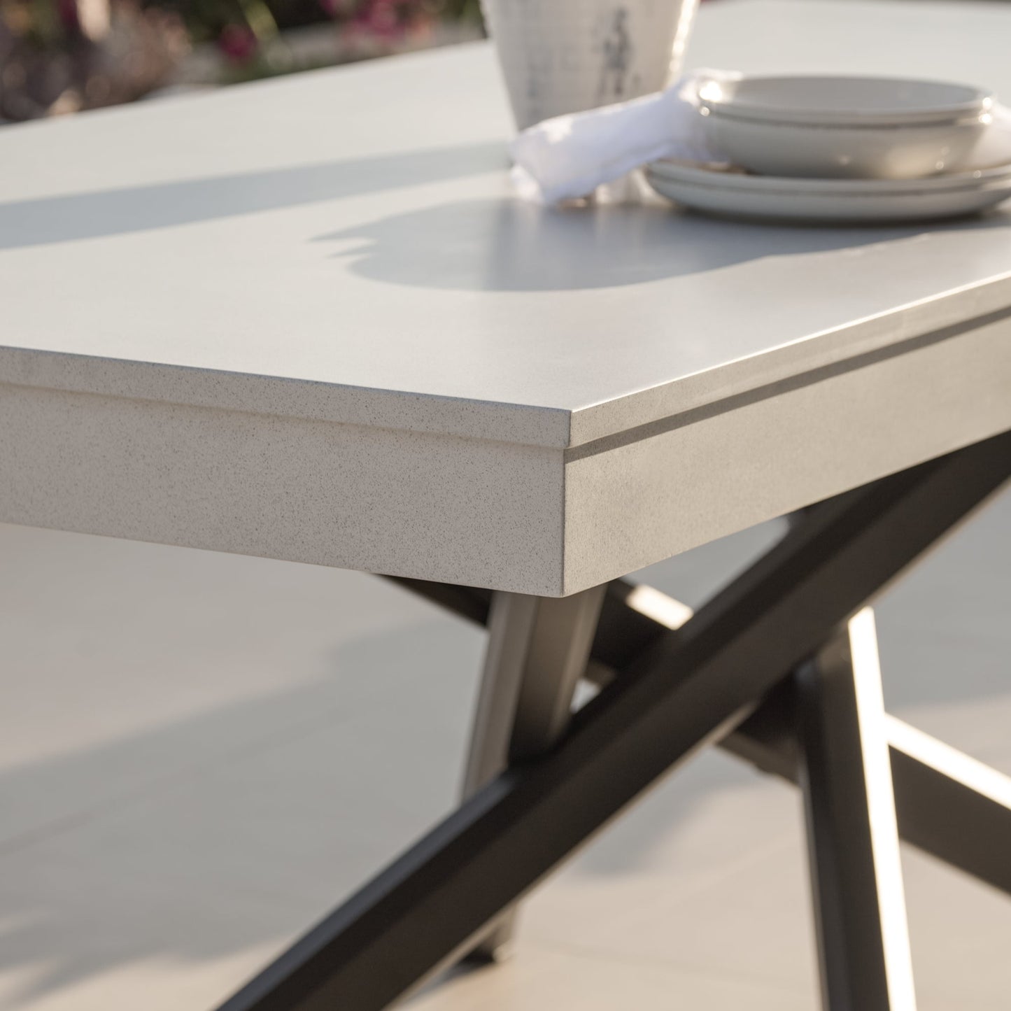 Amelia 6 Seater Concrete Garden Dining Table - Metal Legs - Pale Grey