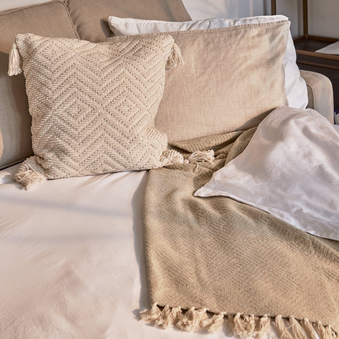 Elborough Off White Diamond Embroidered Tasseled Cushion Cover - 50x50cm