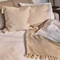 Elborough Off White Diamond Embroidered Tasseled Cushion Cover - 50x50cm
