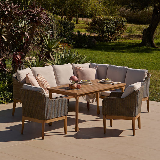 Harlyn 6 Seater Wooden Garden Dining Set with Corner Sofa & 2 Harlyn Dining Armchairs