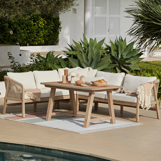 Shiro Wooden Garden Corner Dining Sofa Set with 2 Nala Sand Chairs