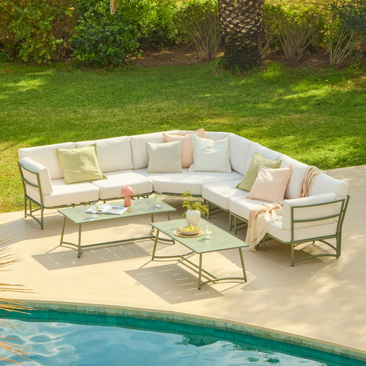 Wilder 8 Seater Metal Corner Sofa Set with Coffee Table - Olive Green