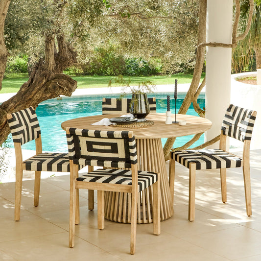 Willow 4 Seater Wooden Brushed Light Acacia Round Dining Set with Saffron Black and Beige Chairs