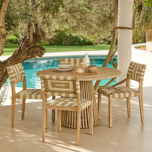 Willow 4 Seater Wooden Brushed Light Acacia Round Dining Set with Saffron Natural and Beige Chairs