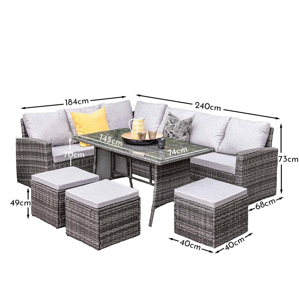 Outlet - Aston 9 Seater Rattan Garden Corner Sofa Set with Grey Lean Over Parasol - Polywood Top - Grey