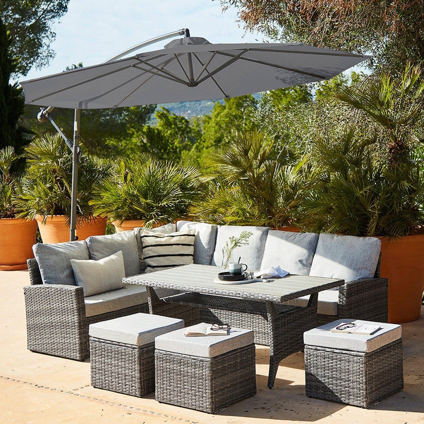 Outlet - Aston 9 Seater Rattan Garden Corner Sofa Set with Grey Lean Over Parasol - Polywood Top - Grey
