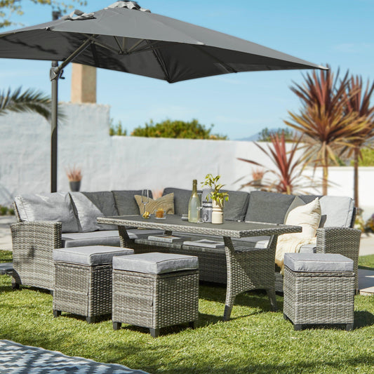 Outlet - Aston 9 Seater Rattan Garden Corner Sofa Set with Grey Lean Over Parasol - Polywood Top - Grey