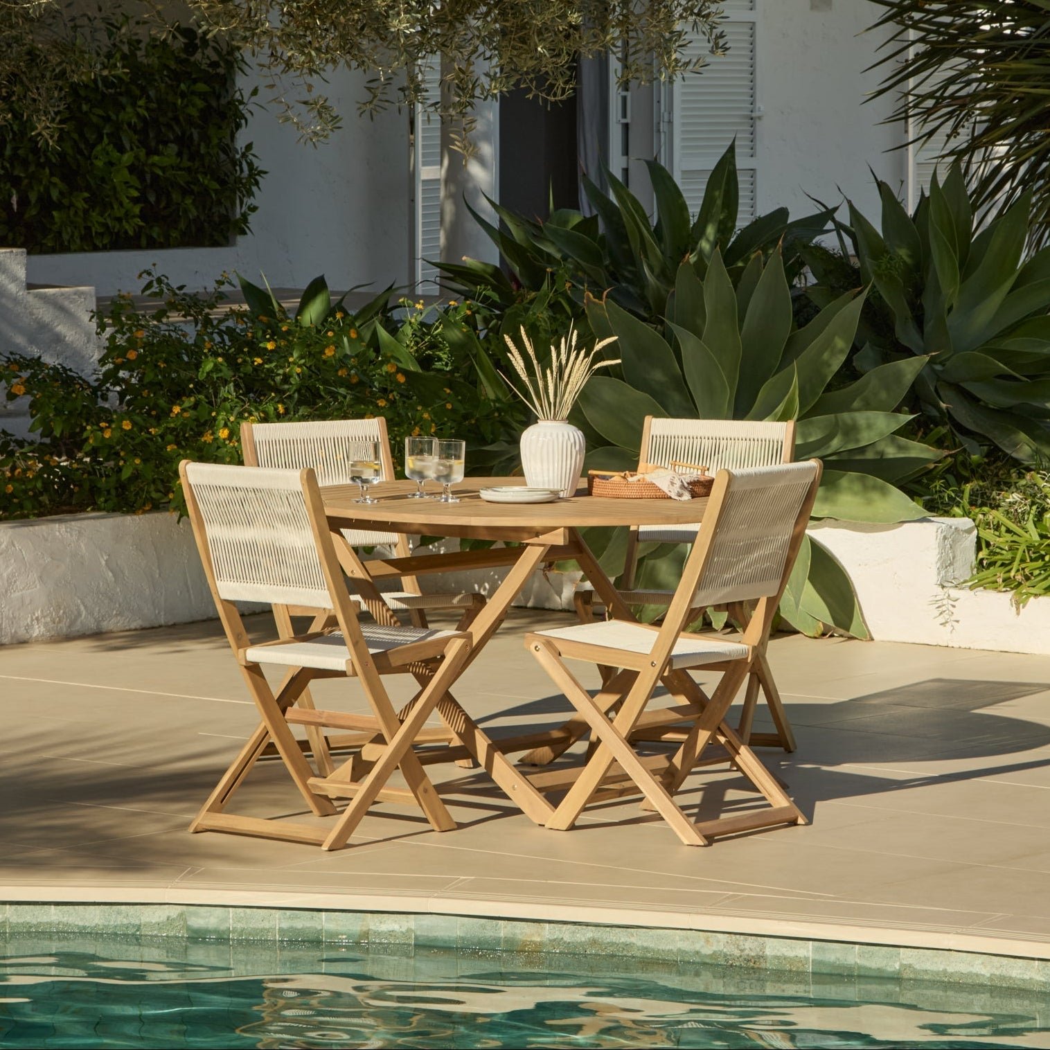 Ashby 4 Seater White Acacia Garden Dining Set with Cove Beige Rope Chairs - 130cm