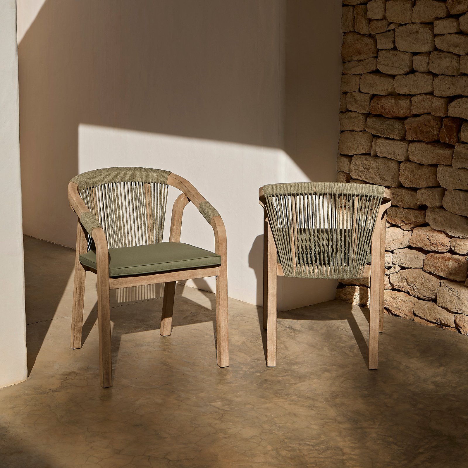 Shiro Wooden Garden Chairs - Set of 2 - Green Rope - Image 4