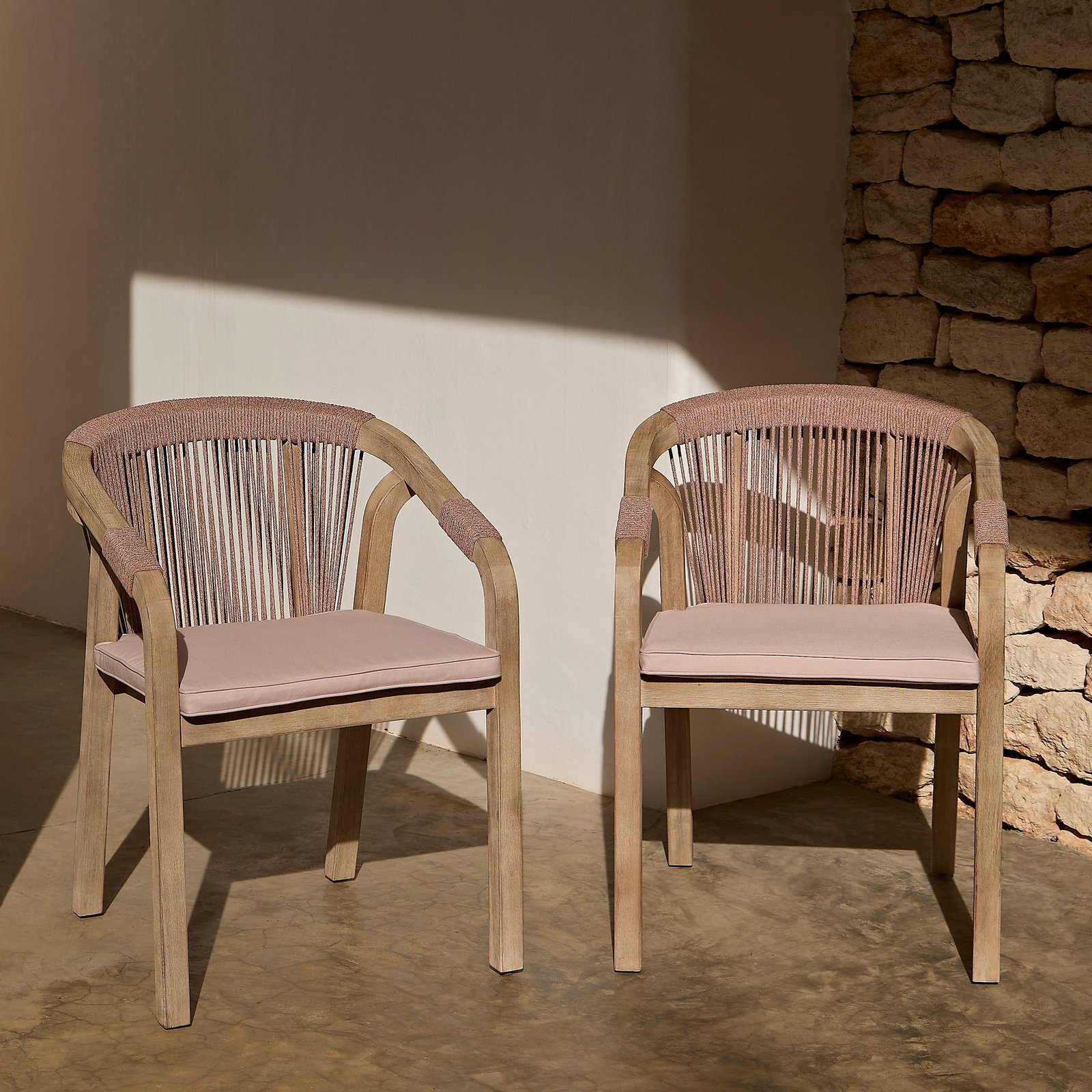 Shiro Wooden Garden Chairs - Set of 2 - Pink Rope