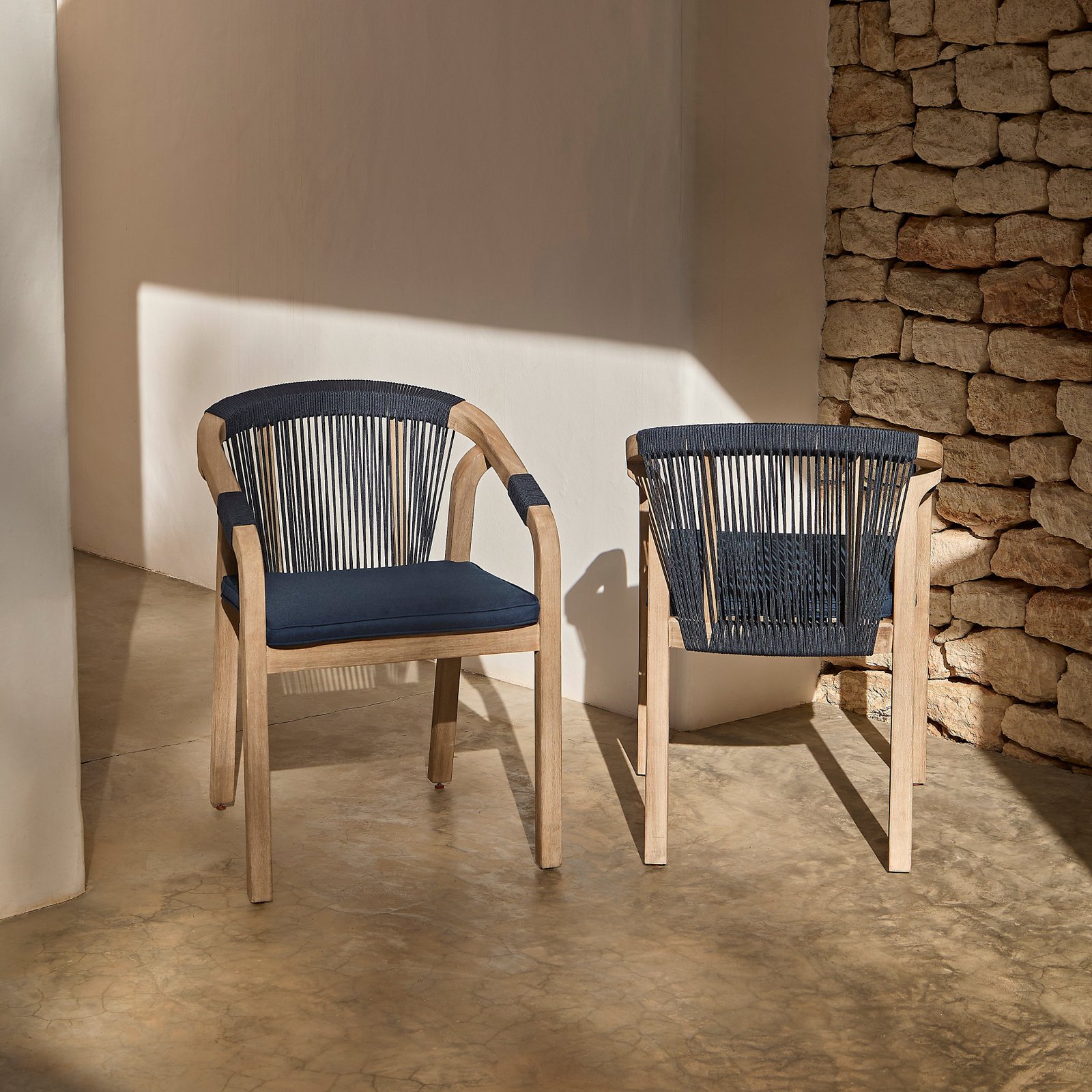 Shiro Wooden Garden Chairs - Set of 2 - Navy Rope - Image 4