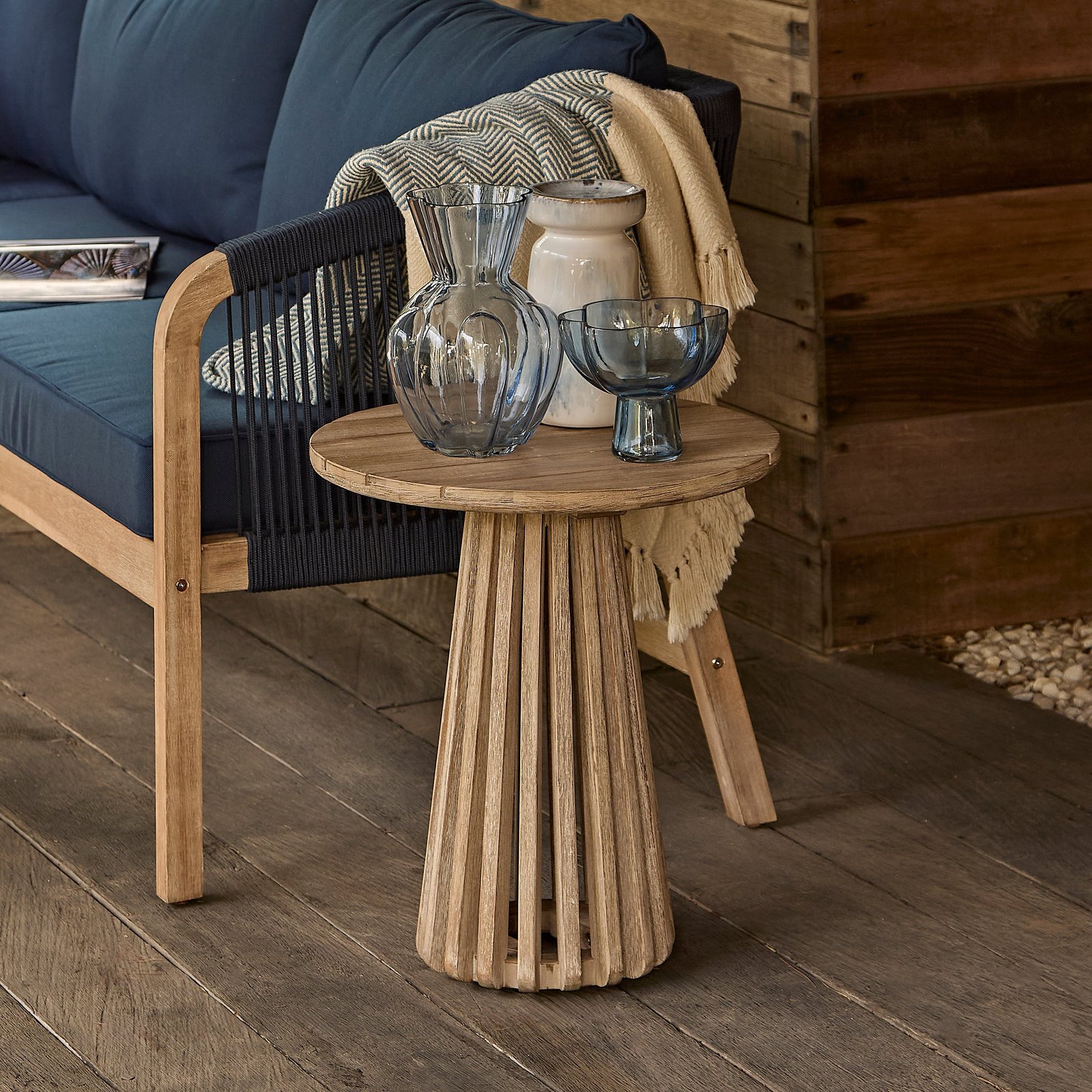 Willow Round Wooden Garden Side Table - Brushed Light Acacia - Image 4